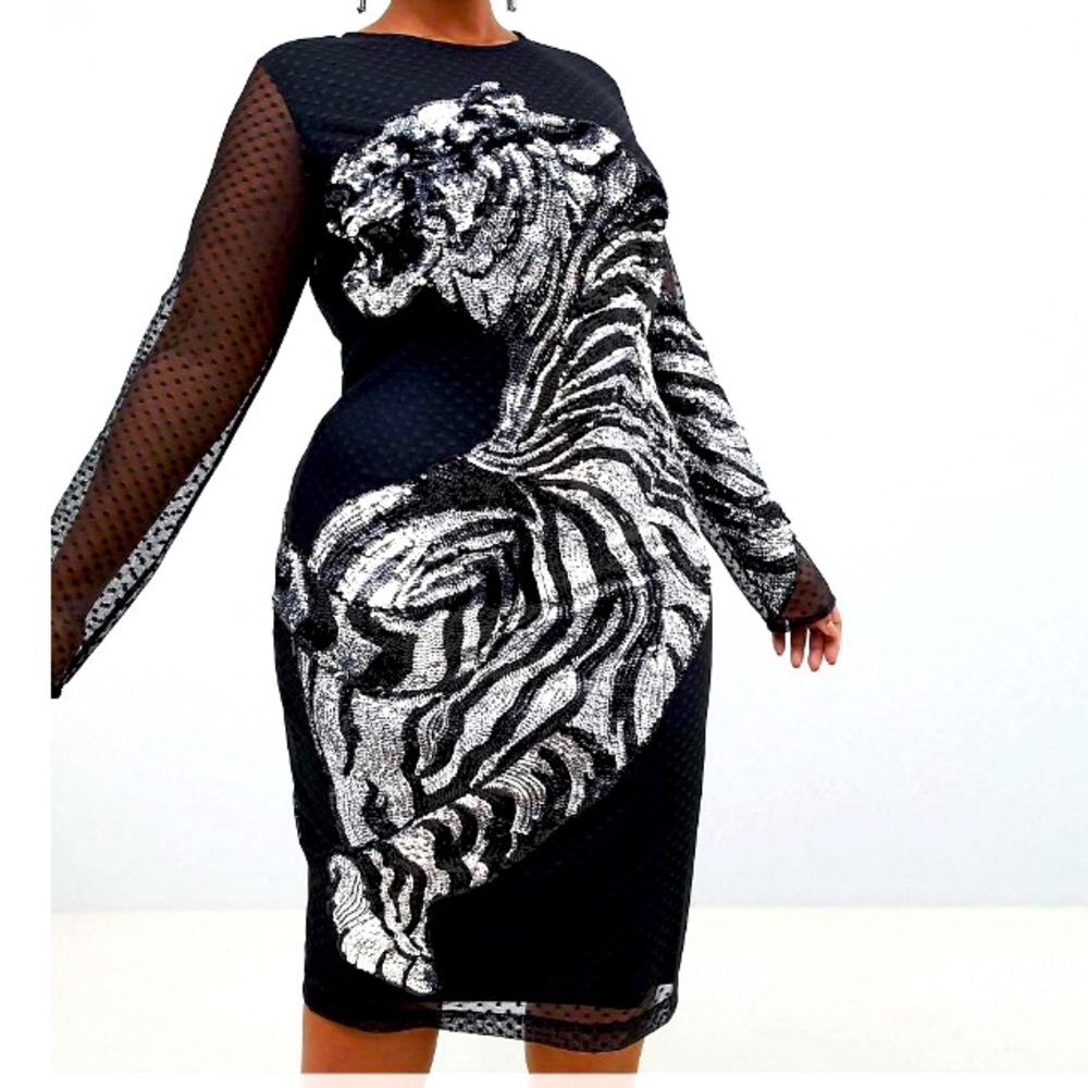NWT Embellished Tiger mesh MIDI dress